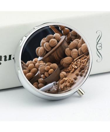 Round Walnut Pill Box - 3 Compartment Decorative Portable Organizer | Stylish Metal Pill Case for Nuts & Medicine - Buy Online on GoSupps.com