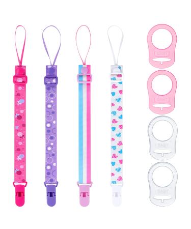 Aolso 8 pcs Dummy Clips Baby Pacifier Chain Baby Dummy Pacifier Holder Clip Adapter Baby Pacifier Holder Soother Clip Chain Straps with Plastic Clasp Silicone Ring Adapter Baby Teething Toys 4pcs-pink/purple/white