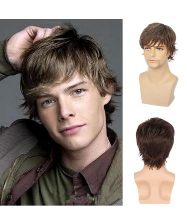 Beweig Mens Short Brown Wigs Natural Layered Fluffy Wigs Synthetic Hair Wig for Halloween Costume Cosplay with Wig Cap