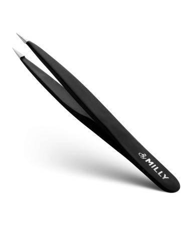 By MILLY Pointed Tweezers - Hammer Forged 100% German Steel Point-Tip Precision Tweezers for Ingrown Hair Eyebrows Facial Hair Splinters Glass Removal - Perfectly Aligned Hand-Filed - Black