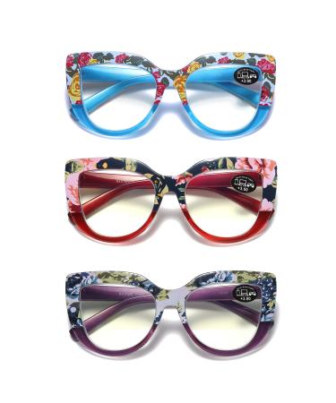 100 CLASSIC 3-Pack Oversized Cat Eye Blue Light/Anti-Glare Reading Glasses for Women Spring Hinges Floral Readers Ladies Floral 3.0 x