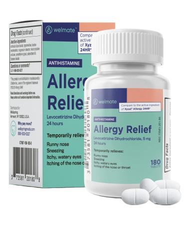 WELMATE | Allergy | Levocetirizine Dihydrochloride 5mg | Non Drowsy | Fast Acting | 24hr Support | Runny Nose, Watery Eyes, Sneezing | Antihistamine | Allergy Medication | 180 ct