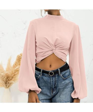 Trendy Lantern Sleeve Women's Pullover Shirt - Loose Fit Knot Front Turtleneck Sweatshirt in Solid Color - Large - A01 Pink - Buy Online on GoSupps.com