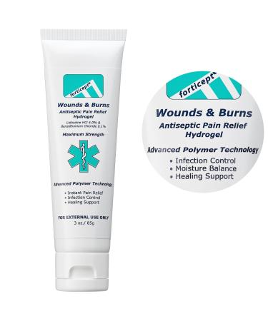 Forticept Wounds & Burns 4% Lidocaine Gel Maximum Strength Pain Relief Cream for Burns Wound Care First Aid Body Piercings Tattoos and Waxing 3oz