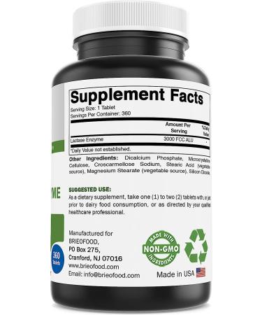 Brieofood Lactase Enzyme Pills - 3000 FCC ALU - 360 Tablets | Non-GMO & Gluten Free - Buy Online on GoSupps.com