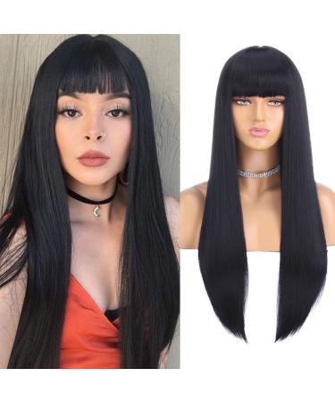 Xtrend 26 inch black long straight wigs with pony for women girl cosplay costume daily wear synthetic wig with fringe natural long straight heat -resistant synthetic wigs 66 cm (26 inches) 1b#