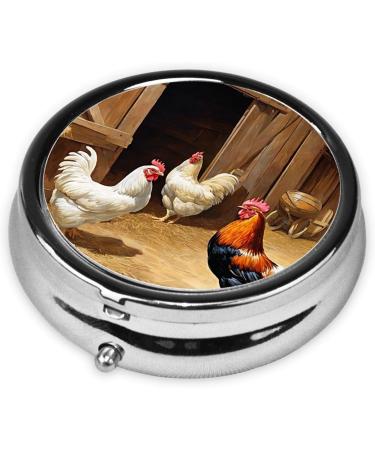 Chicken and Rooster Print Mini Round Pill Box | 3 Compartment Portable Pill Organizer for Travel Home & Office - Buy Online on GoSupps.com