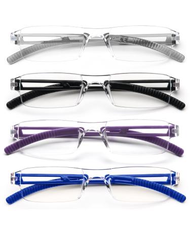 MMOWW 4 SPACK RANDLOSE READERS FOR LOMES AND MEN with clear rectangular blue light blocking glasses (gray+black+purple+blue 3.5) gray+black+purple+blue 3.5 x