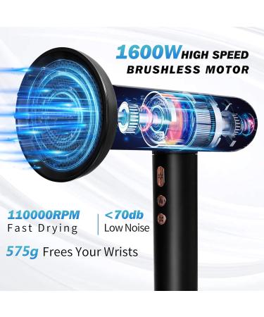 Nicebay Ionic Hair Dryer - Professional 1600W Blow Dryer with 3 Attachments High-Speed Brushless Motor Lightweight & Low Noise Black & Gold - Buy Online on GoSupps.com