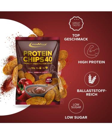 Ironmaxx Protein Chips 40 - Smokey Barbecue | High Protein Low Carb Gluten-Free Snack | 50g Pack Available in Multiple Flavors - Buy Online on GoSupps.com