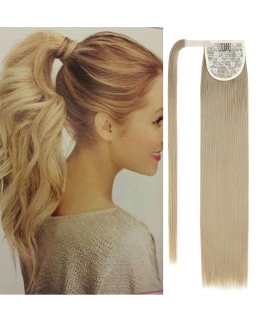 Silk-co Clip in Ponytail Wrap Around Hairpiece Straight Pony Tail Hair Clip on Extension 28 Long hair smooth Heat-Resisting Fiber Hairpiece for Women Ash Blond/Blond 28 Inch Ash Blond/Blond