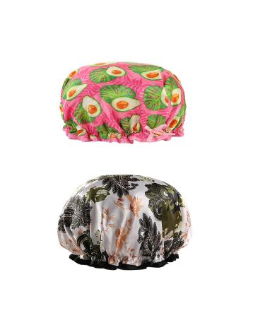 Lined Shower Cap 2 Pack Satin Bonnet Elastic Reusable Bathing Hair Cap Double Waterproof Layers Bathing Shower Hat Hair Bonnet Extra Large Perfect for Women Most Hair Lengths and Thicknesses style 1