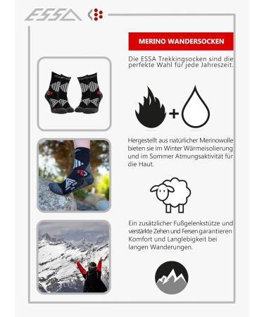 ESSA Merino Wool Hiking Socks - 2 Pairs - Breathable Trekking Socks for Men & Women - Sizes 35-38 - Black - Buy Online on GoSupps.com