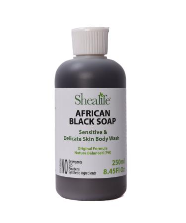 African Black Soap Liquid 250ml 8.45 Fl Oz using Shea Butter & Virgin Coconut Oil. Contains No SLS Detergents & Parabens. Ideal for very Sensitive Skin types. Unscented.