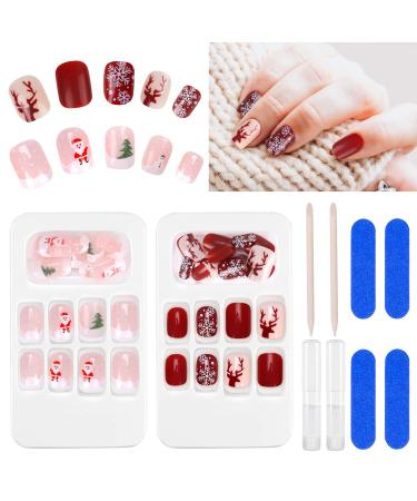 48 Pieces Christmas False Nails Short Artificial Press on Nails Full Cover Fake Nail Acrylic Christmas Nail Tips in 12 Different Sizes Stick on Nails for Women Nail Art Decoration