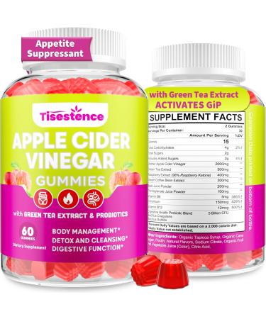 Appetite Suppressant Supplement| Akkermansia Function| Apple Cider Vinegar Gummies with Green Tea Extract Probiotic for Fat Burner Detox Cleanse Metabolism Energy & Digestive Health 60 Gummies Packs of 1