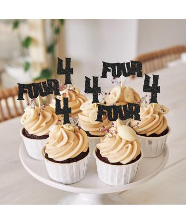Sumerk 24PCS 4th Birthday Cupcake Toppers Black Glitter Happy 4th Cake Decorations for 4th Birthday Wedding Anniversary Party Decoration Supplies - Buy Online on GoSupps.com
