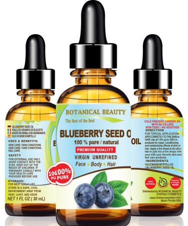 Botanical Beauty BLUEBERRY SEED OIL 100% Pure Natural Virgin Unrefined Cold Pressed Carrier Oil 1 Fl oz 30 ml for Face Skin Body Hair Lip Nails. Rich in vitamin C vitamin E