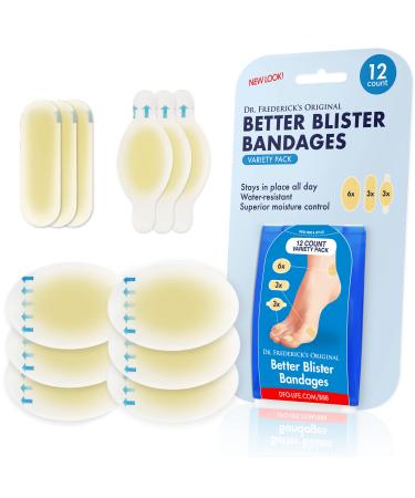 Dr. Frederick's Original Better Blister Bandages - 12 ct Variety - Waterproof Hydrocolloid Bandages for Foot, Toe, & Heel Blister Prevention & Recovery - Blister Pads 12 Count (Variety Pack)