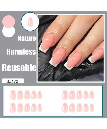 QINGGE Pink French Tip Press on Nails - Medium Squoval Acrylic Fake Nails - 24Pcs Glossy Stick on False Nails for Women - Buy Online on GoSupps.com