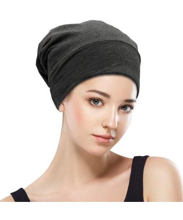 Satin Lined Sleep Cap - Adjustable Hair Protection Beanie for Curly & Frizzy Hair - Black & Dark Grey - Buy Online on GoSupps.com