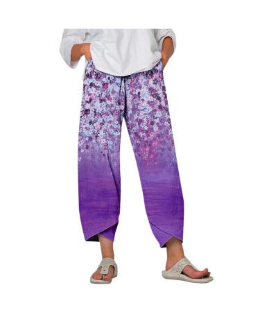 Boho Cropped Pants for Women,Women's Casual Summer Capri Pants Cotton Linen Print Wide Leg Ankle Pants with Pockets P01-purple X-Large