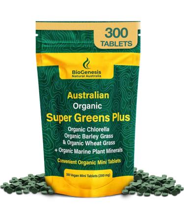 Biogenesis SuperGreens Plus Tablets 300 Count (200 mg) | Unflavored | Organic Chlorella Wheatgrass & Barley Grass | Australian Grown | Supports Energy & Immunity | Vegan Mini Talets SuperGreens Plus - Tablet 2.1 Ounce (3