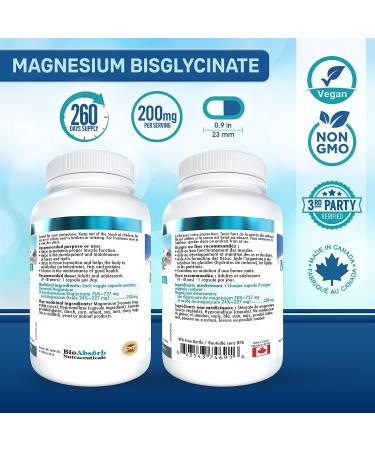 Bio Absorb Magnesium Glycinate Supplement - 200mg Chelated Elemental Magnesium - 260 Vegan Capsules - Buy Online on GoSupps.com