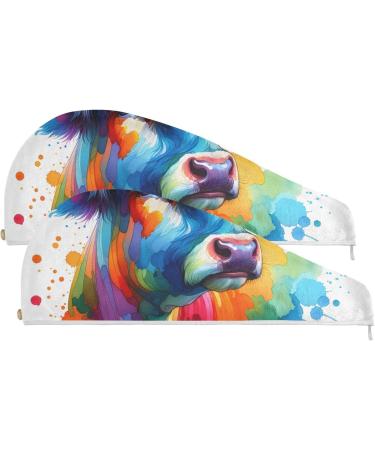 Watercolor Cow Hair Towel 2 Pack - Super Absorbent Quick Dry Turbans for Women & Girls - Buy Online on GoSupps.com