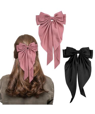 Bow Hair Clip 2Pcs Hair Bows for Women Big Bowknot Hairpin French Hair Clips with Long Ribbon Solid Color Hair Barrette Clips Soft Satin Silky Hair Bows for Women Girls(Black+Pink)