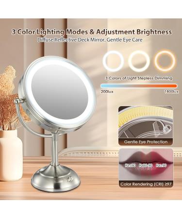 VESAUR Professional 8.5 Large Lighted Makeup Mirror with Brighter Lights1X/10X True HD Magnifying Mirror with 3 Color Dimmable Lights - Artistic Satin Nickel - Buy Online on GoSupps.com