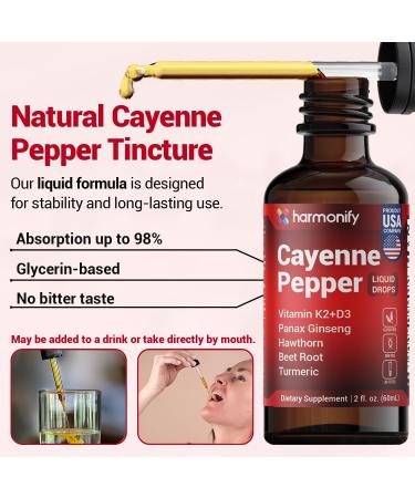 HARMONIFY Cayenne Pepper Liquid Drops with Vitamin D3 & K2 Hawthorn Beet Root Turmeric Panax Ginseng Berberine & Ceylon Cinnamon - Quality Supplement for Daily Wellness - 2 fl oz (60mL) - Buy Online on GoSupps.com
