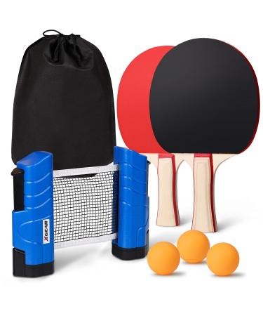 XGEAR Anywhere Ping Pong Equipment to-Go Includes Retractable Net Post, 2 Ping Pong Paddles, 3 pcs Balls, Attach to Any Table Surface Lake Blue