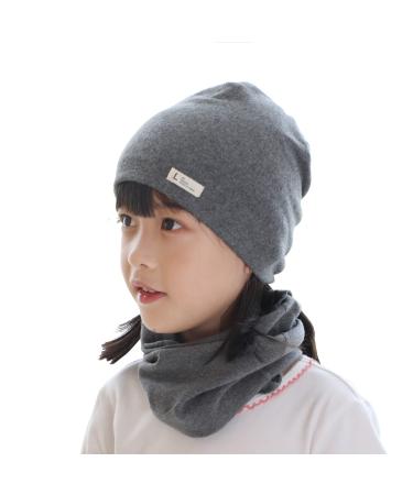 VUCDXOP Baby Children's Cotton Hat Scarf Set Winter Boys Girls Beanie Hats + Tube Scarf Set of 2 Autumn Winter Soft Cotton Beanie Hat Neckerchief Round Scarf Neck Warmer Set Grey L (Suitable for 3-7 year children)