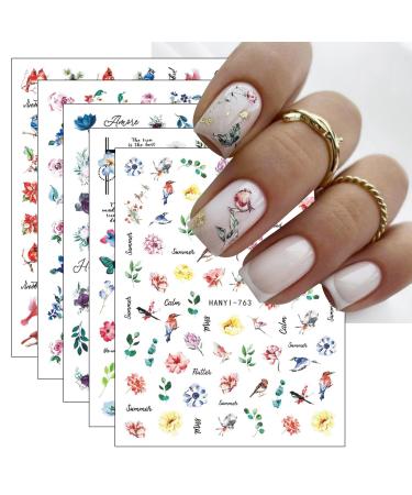 JMEOWIO 9 Sheets Flower Leaves Nail Art Stickers Decals Self-Adhesive Spring Summer Floral Nail Supplies Nail Art Design Decoration Accessories