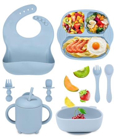 Jissta Baby Weaning Set 8 Pcs Silicone Baby Feeding Set with Suction Bowl Adjustable Bib Cup Fork & Spoo Baby Plate Silicone Plate Baby Non-Slip Without bpa (Blue)