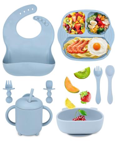 Jissta Baby Weaning Set 8 Pcs Silicone Baby Feeding Set with Suction Bowl Adjustable Bib Cup Fork & Spoo Baby Plate Silicone Plate Baby Non-Slip Without bpa (Blue)