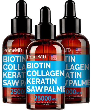 PrimeMD 4-in-1 Liquid Biotin Collagen Keratin Saw Palmetto Drops (3 Pack) Bundle - 25000mcg Hair Nails and Skin Vitamins for Women & Men - 2 Fl Oz Each Watermelon Flavor Gluten-Free Non-GMO