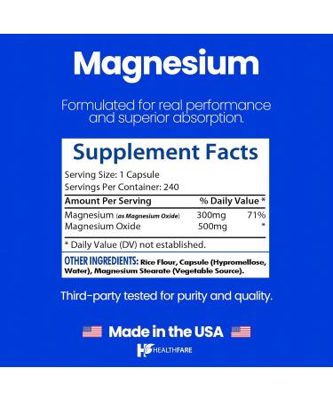 HealthFare Magnesium 500mg | 240 Vegan Capsules | Extra Strength Essential Mineral Supplement | High Absorption Formula | Non-GMO Gluten-Free | Made in USA - Buy Online on GoSupps.com