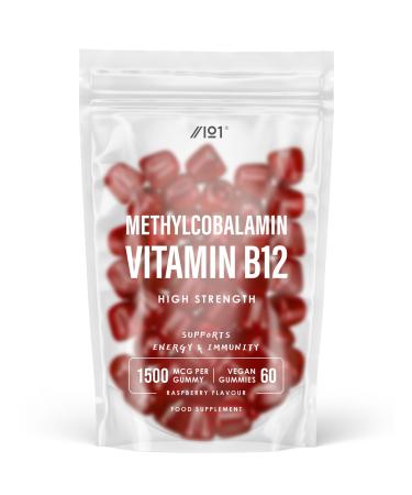 Vitamin B12 Gummies 1 500mcg (per Gummy) - High Strength Methylcobalamin Supplement - Non-GMO Gluten Free Raspberry Flavour - 60 Vegan Gummies Bag