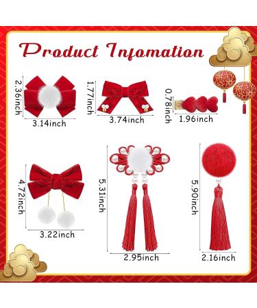 6 Pair Chinese Festival Hair Clips for Kids - New Year & Christmas Accessories with Pom Poms, Bows, and Tassels - Buy Online on GoSupps.com