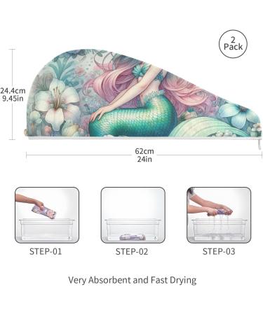 Super Absorbent Mermaid Girl Hair Towel 2 Pack | Quick Dry Flower Design Turbans for Women & Girls - Buy Online on GoSupps.com