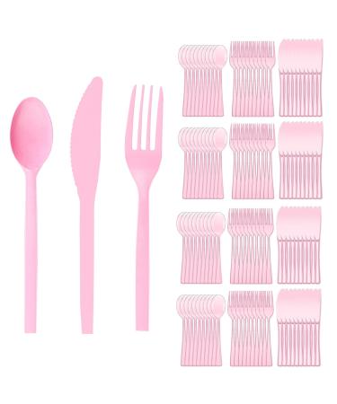 120 Count Extra Heavy Pink Duty Clear Plastic Silverware 40 Forks 40 Spoons 40 Knives BPA-Free Heat Resistant Disposable Plastic Utensils Set Plastic Cutlery Set Plasticware Bulk for Party