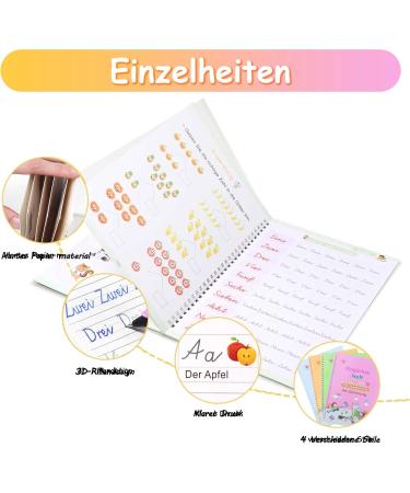Qianshouyan 4-Piece German Magical Booklet Set | Reusable Handwriting Exercise Book with Pen for Kids | 26x18cm Calligraphy Numbers Drawing & Letters Learning - Buy Online on GoSupps.com