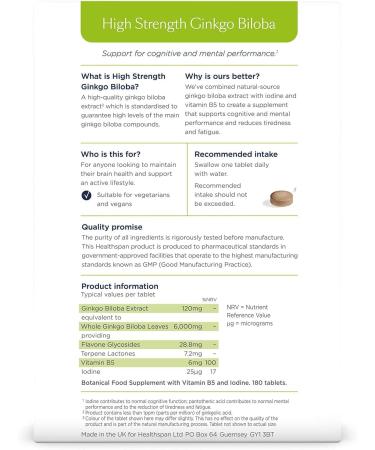 Healthspan Ginkgo Biloba 6000mg | High Strength 180 Tablets | Rich in Iodine & Vitamin B5 | Vegan-Friendly Formula - Buy Online on GoSupps.com