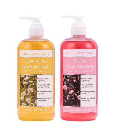 Gel Douche Bain Moussant Spa de Luxe avec Sel d'Epsom Pur Parfum Rose et Camomille Bain Moussant Hydratant L'Huile d'Amande Cadeau d'Anniversaire Cadeau Relaxant pour Femme (2 X 490 ml)