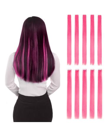 Colored Clip in Hair Extensions 20" 10pcs Straight Fashion Hairpieces for Party Highlights Pink 20 Inch (Pack of 10) Pink