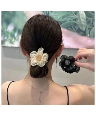Inilbran Boho Silk Satin Hair Scrunchies Vintage Satin Hair Band Hair Ties French Elastic Hair Tie Ropes Pearl Ponytail Scrunchy Hair Ties Hair Accessories for Women and Girls Headdress Champagne