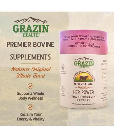 GRAZIN HEALTH - Her Power Female Enhancement Capsules 2900mg Per Serving (180 Count) | Freeze-Dried Female Reproductive Tissue Liver Kidney & Bone Marrow | 100% Grass-Fed New Zealand Sourced - Buy Online on GoSupps.com