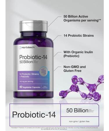 Horbaach Probiotics for Women and Men | 60 Capsules | 14 Probiotic Strains with Prebiotic | 50 Billion Active Organisms | Non-GMO & Gluten Free Supplement - Buy Online on GoSupps.com
